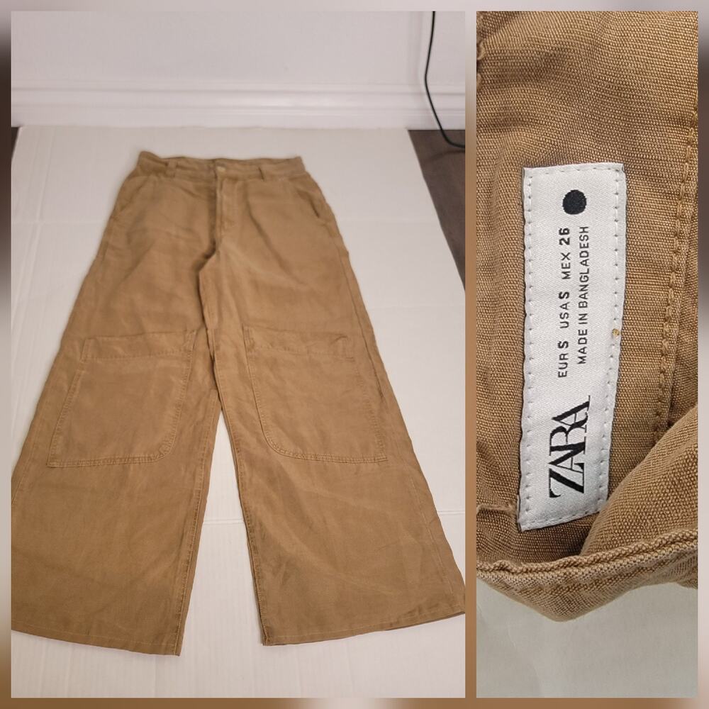 Zara Cargo Culotte Trouser Pants Womens Sz S Crop Wide Leg High Rise Linen Blend